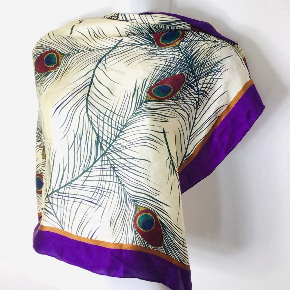 Silk Peacock Feather Print Scarf in Cream and Purple - Picture 3 of 3